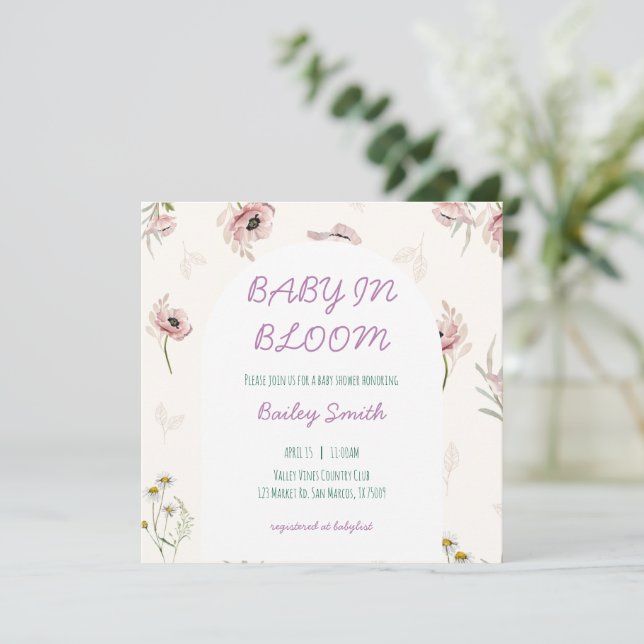 convite de chá de bebê baby in bloom (Em pé/Frente)