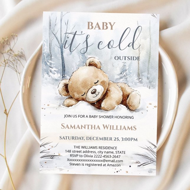 Convite de Chá de Bebê Baby It's Cold Outside (Cute bear watercolor baby shower invitation “Baby It’s Cold Outside” )