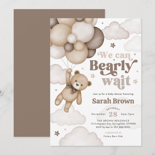 Convite de Chá de Bebê Balão de Urso Marrom (Frente/Verso)