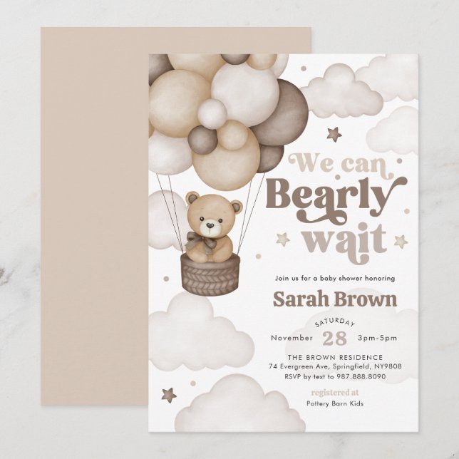 Convite de Chá de Bebê Balão de Urso Marrom (Frente/Verso)