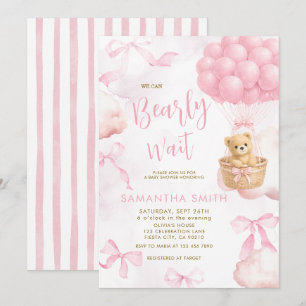 Convite de Chá de Bebê Balão Nublado Urso ROSA