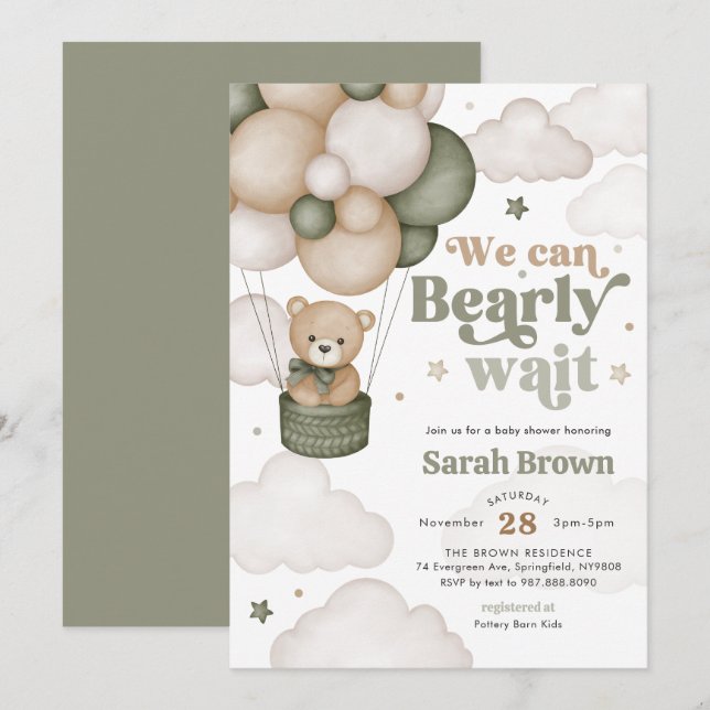 Convite de Chá de Bebê Balão Urso Verde (Frente/Verso)