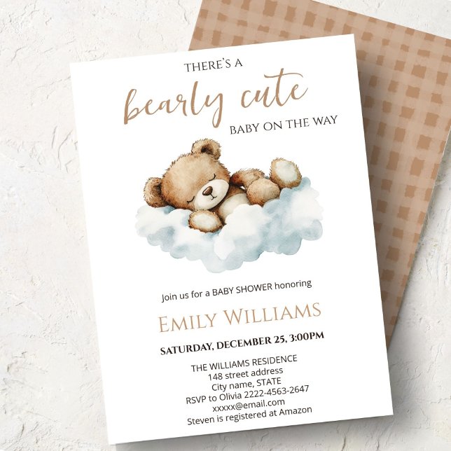 Convite de Chá de Bebê Bearly Cute | Urso Teddy Ne (Cute bear watercolor baby shower invitation “Bearly cute baby on the way” )