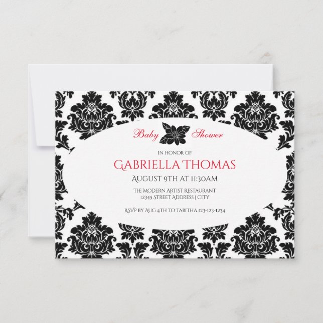 Convite de Chá de Bebê Black Damask & Flower - 3x5 (Frente)