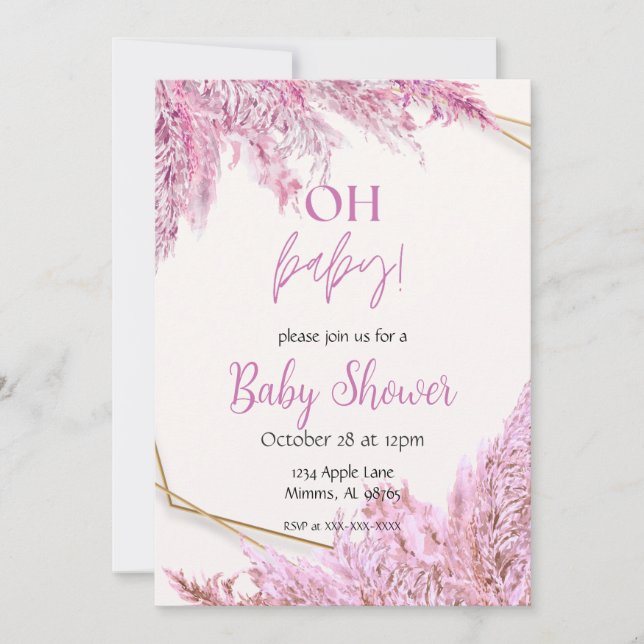 Convite de Chá de Bebê Boho Rosa Claro (Frente)