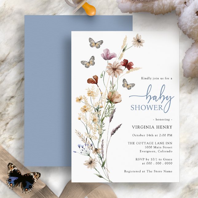 Convite de Chá de Bebê Borboleta Azul Empoeirada (Boho Wildflowers Butterfly Blue Baby Shower Invitation by Painted Paperie
)