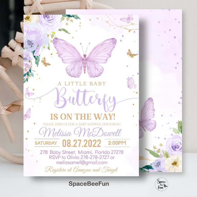 Convite de Chá de Bebê Borboleta Roxa Menina (Butterfly invites,Baby Shower,Invitation,A Little Butterfly,Is On The Way,Butterfly Theme,Shower bab)