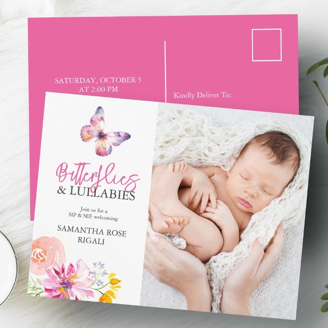 Convite de Chá de Bebê Borboletas Provam e Veem (Sip and see baby shower invitations pink floral and butterflies)