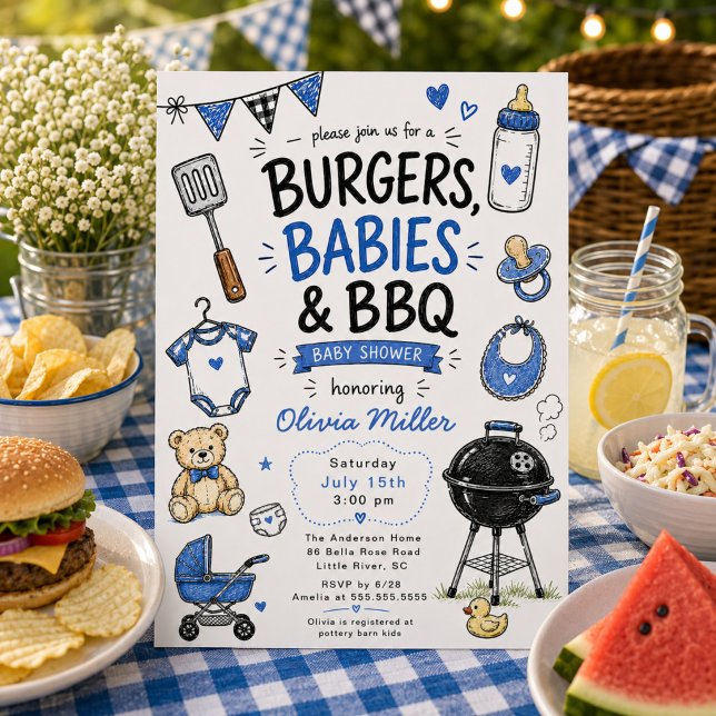 Convite de Chá de Bebê Burgers, Bebês & BBQ (Criador carregado)