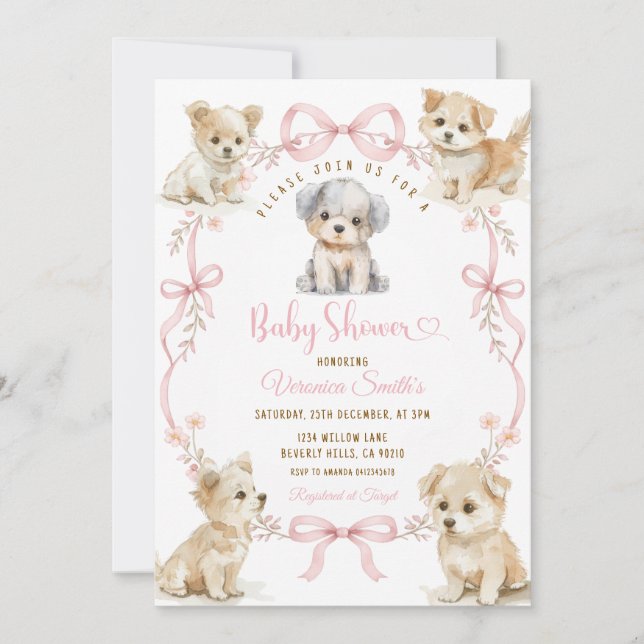 Convite de Chá de Bebê Cachorrinho com Laço Rosa A (Frente)
