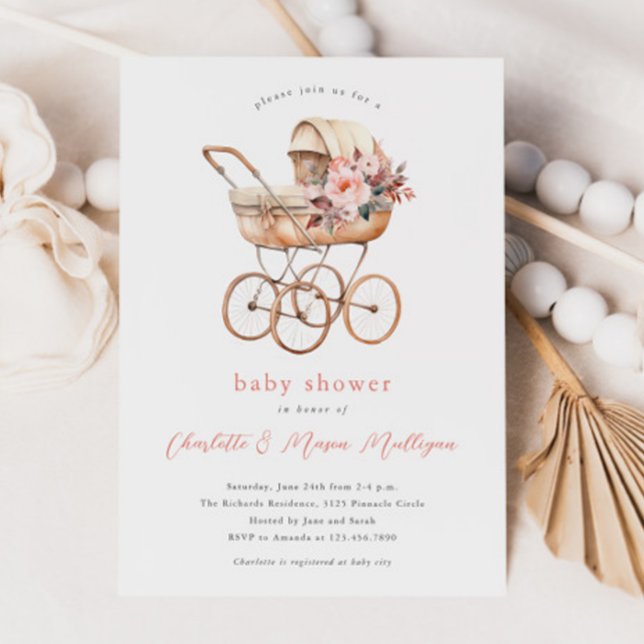 Convite de Chá de Bebê Carrinho de Bebê Antigo (Vintage baby carriage blush pink floral couples baby shower invitations.)