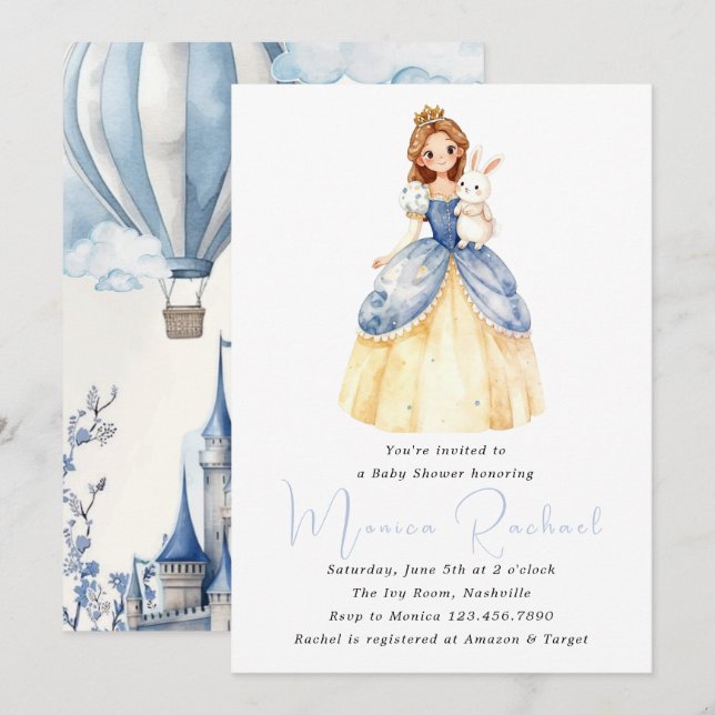 Convite de Chá de Bebê Carruagem de Princesa Era U (Frente/Verso)
