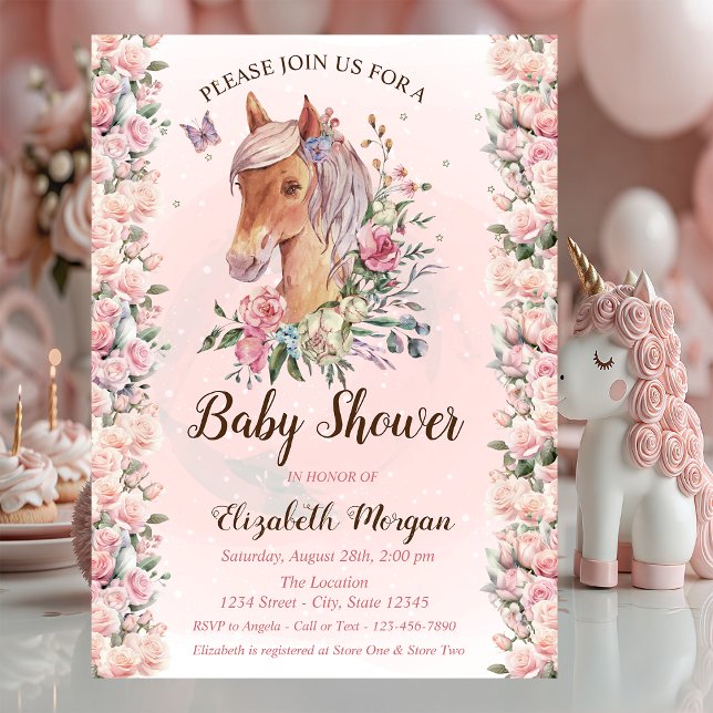 Convite de Chá de Bebê Cavalinho Flores Rosas Estr (Criador carregado)