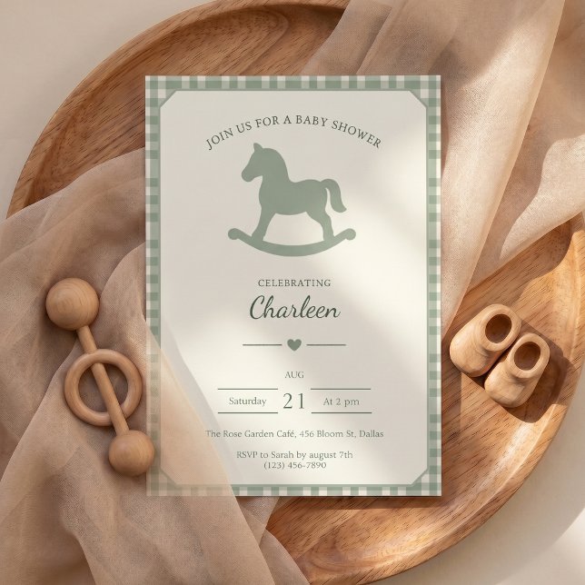 Convite de Chá de Bebê Cavalo de Balanço Verde Sag (Baby Shower Invitation Sage Green Rocking Horse)