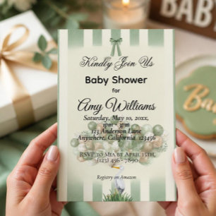 Convite de Chá de Bebê Cegonha em Verde Salvia N
