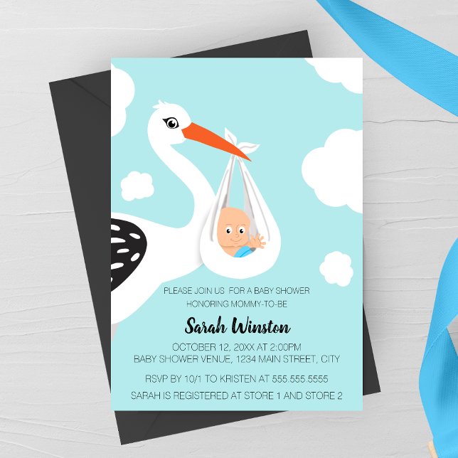 Convite de Chá de Bebê Cegonha Fofa (Cute Modern Stork Baby Shower Invitation for Boys)
