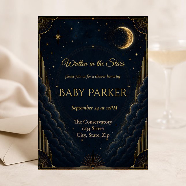 Convite de Chá de Bebê Celestial | Azul Marinho (Elegant celestial baby shower invitation with navy skies, gold Art Deco details and glowing moon.)