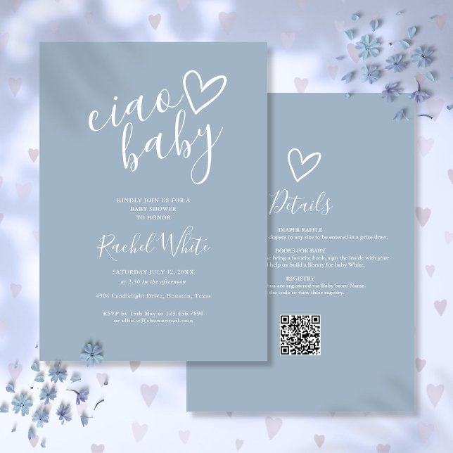 Convite de Chá de Bebê Ciao Baby Dusty Blue Tudo e (Ciao Baby Dusty Blue All In One Baby Shower Invitation)