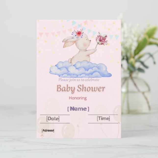 Convite de Chá de Bebê Coelhinho Aquarela Fofa (Em pé/Frente)