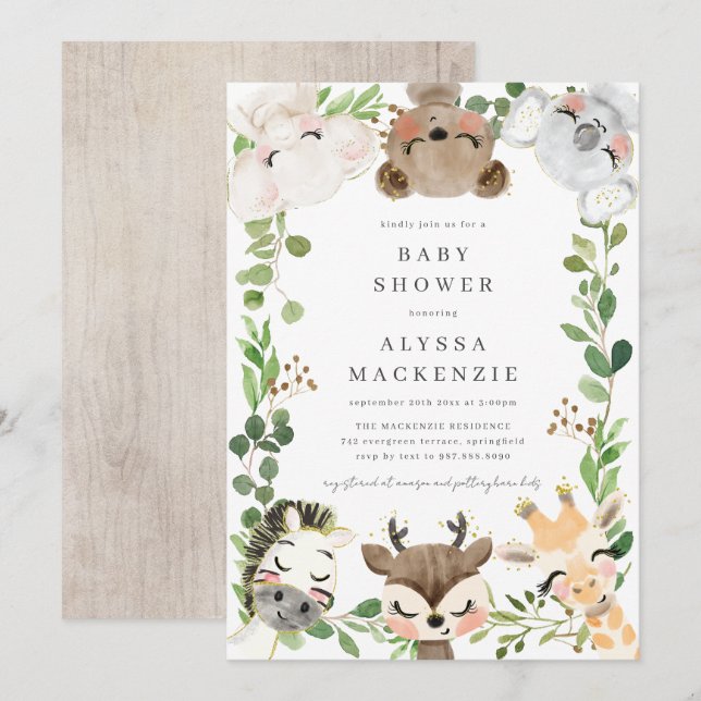Convite de Chá de Bebê com Animais da Savana (Frente/Verso)