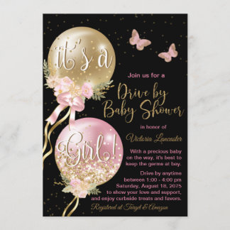 Convite de Chá de Bebê com Balões Rosa Dourado Bor