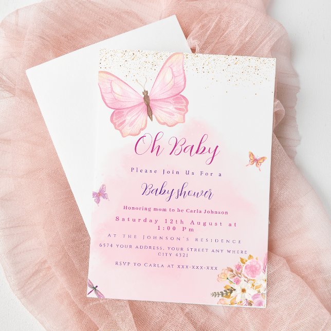 Convite de chá de bebê com borboleta e floral  (Criador carregado)