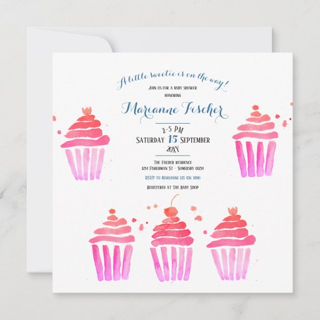 Convite de Chá de Bebê com cupcakes em aquarela ro (Frente)