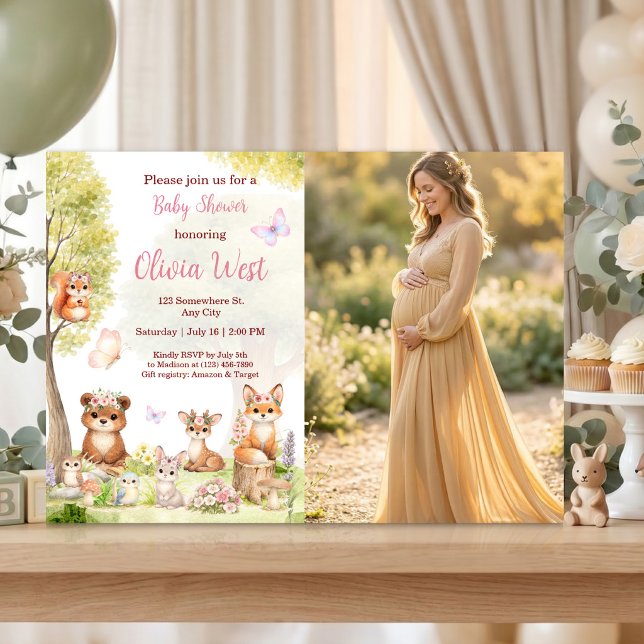 Convite de Chá de Bebê com Foto de Animais da Flor (Woodland Girl Baby Shower Forest Animals Photo Invitation)