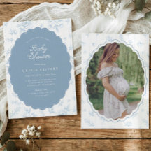 Convite de Chá de Bebê com Foto Floral Azul Vintag