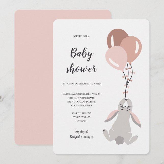 Convite de chá de bebê com ilustração de coelhinho (Frente/Verso)