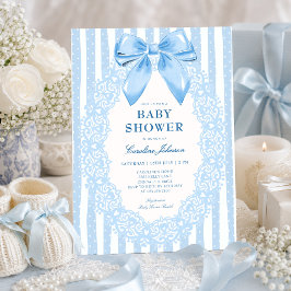 Convite de Chá de Bebê com Laço Azul Elegante e Re