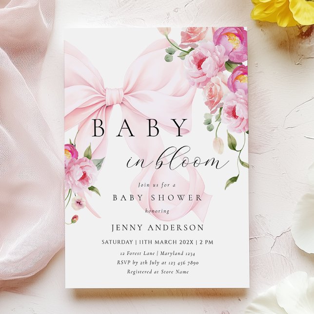 Convite de Chá de Bebê com Laço Rosa Baby In Bloom (Criador carregado)