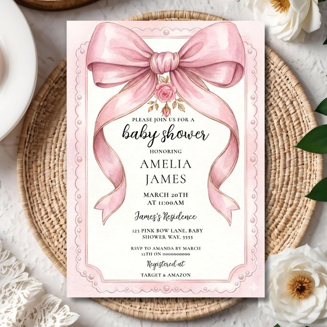 Convite de Chá de Bebê com Laço Rosa Cor de Rosto  (Criador carregado)