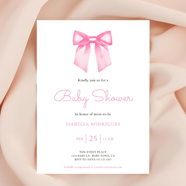 Convite de Chá de Bebê com Laço Rosa Elegante (Invite shown in 5 x 7 inches, choose size, paper and corner style. Buy print or digital invitations)