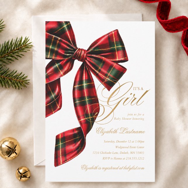 Convite de Chá de Bebê com Laço Xadrez Vermelho (Red Tartan Plaid Bow Baby Shower Invitation)