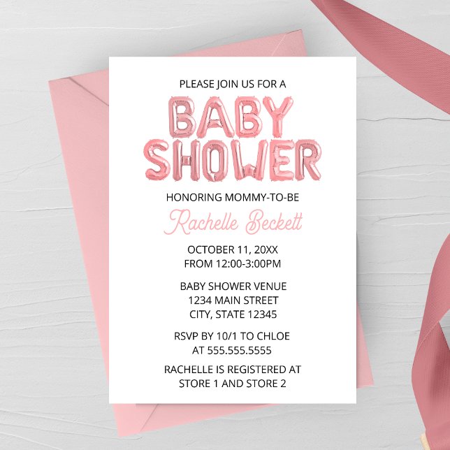 Convite de Chá de Bebê com Letra de Balão Rosa (Light Pink Foil Balloon Letters Baby Shower Invitation)