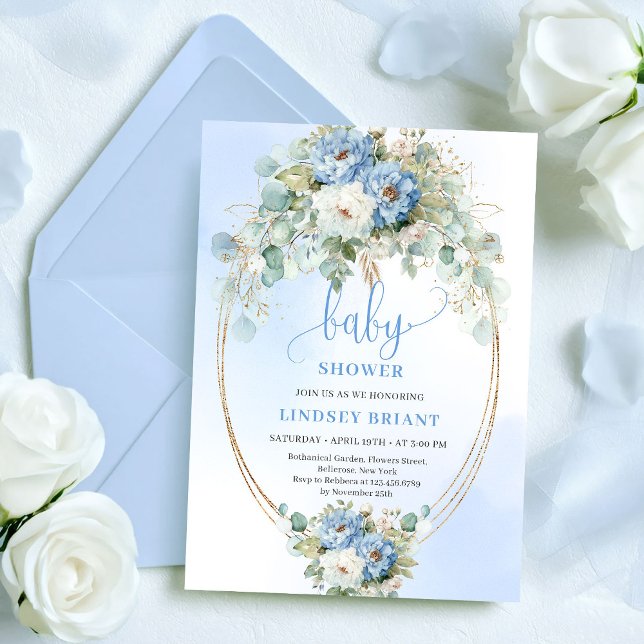 Convite de Chá de Bebê com Moldura Dourada e Peôni (Modern Blue Peony Gold Frame Baby Shower Invite

)