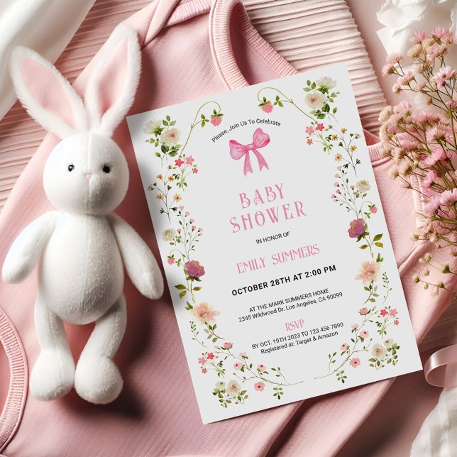 Convite de Chá de Bebê com Moldura Floral Rosa (Criador carregado)