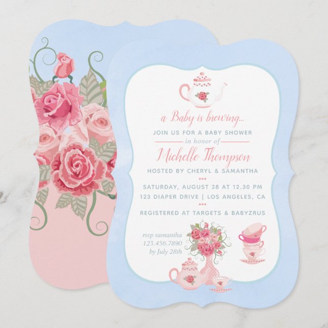 Convite de Chá de Bebê com Rosas Rosas para Festa  (Frente/Verso)