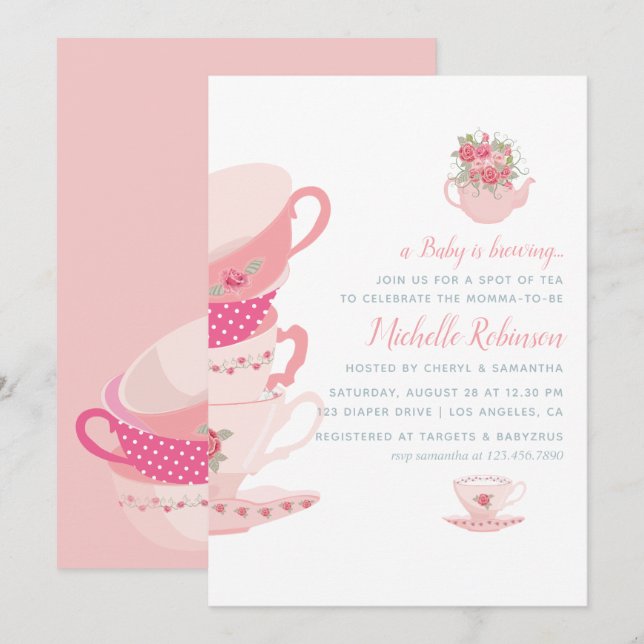 Convite de Chá de Bebê com Rosas Rosas para Festa  (Frente/Verso)