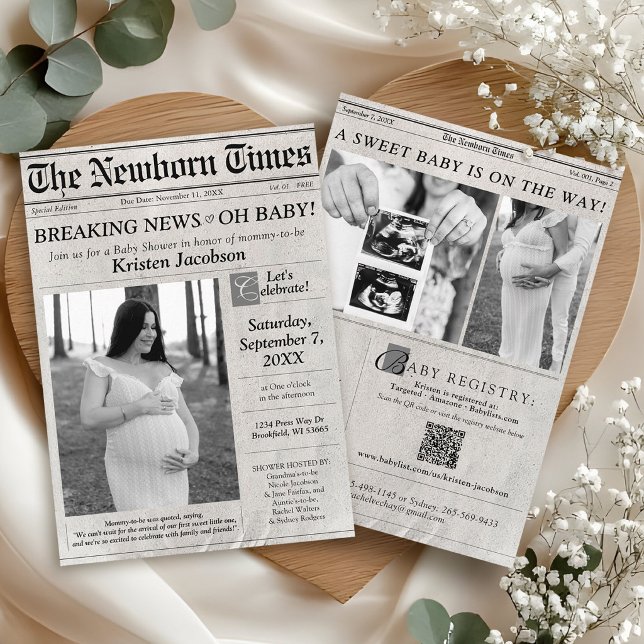 Convite de Chá de Bebê com Tema de Foto de Jornal (Cute modern The Newborn Times newspaper photo theme black and quite QR code baby shower invitation)