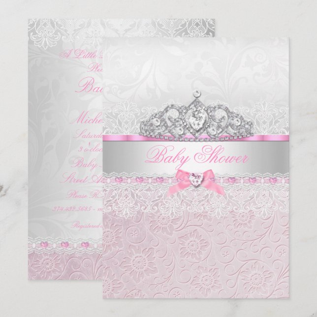 Convite de Chá de Bebê com Tiara de Renda Pink Pri (Frente/Verso)
