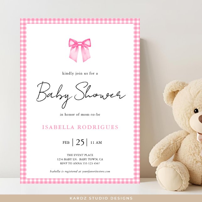 Convite de Chá de Bebê com Xadrez e Laço Rosa Mode (Invitation shown in 5 x 7, personalize, choose paper and corner style. Digital invitation available)