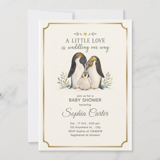 Convite de Chá de Bebê da Família de Pinguins  (Frente)