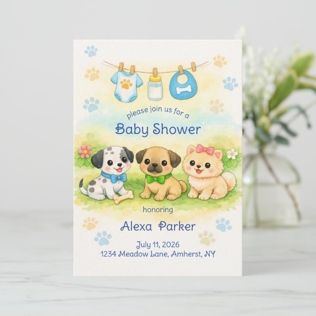Convite de Chá de Bebê de Cachorrinhos (Em pé/Frente)