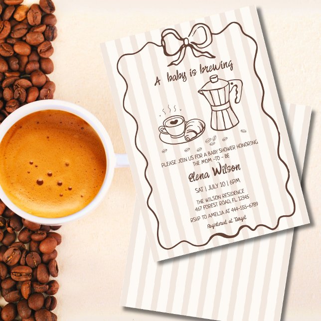 Convite de Chá de Bebê de Café Desenhado à Mão 'Ba (Coffee baby shower invitation with hand-drawn moka pot, coffee cup, wavy frame, and bow)