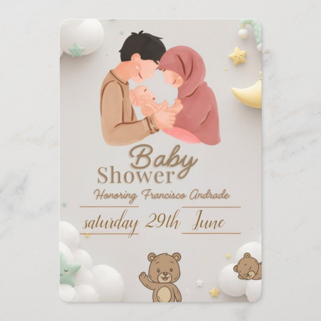 Convite de Chá de Bebê de Casal Fofo com Ted (Frente)