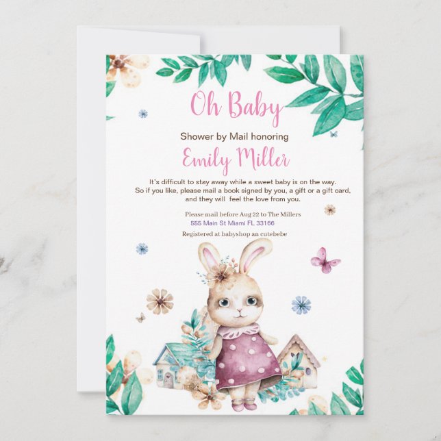 Convite de chá de bebê de coelhinha por correio (Frente)