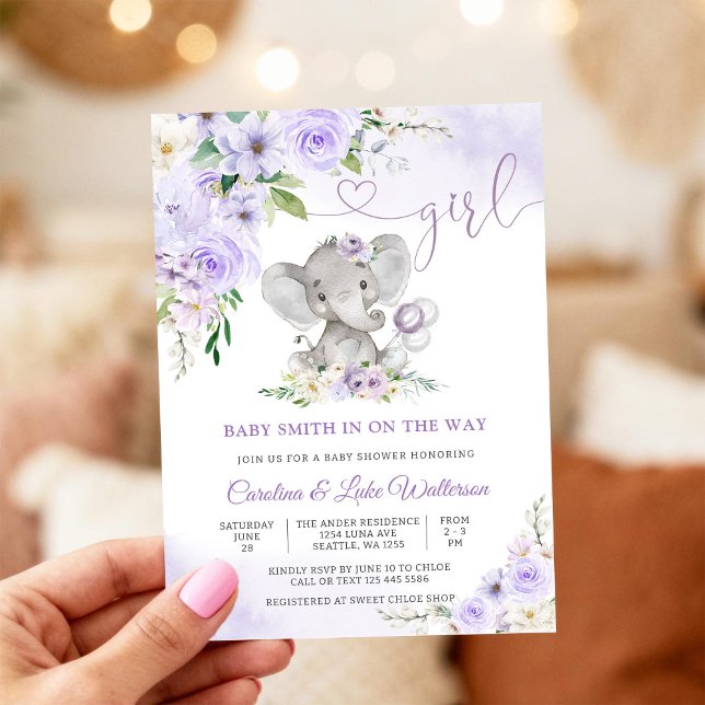 Convite de Chá de Bebê de Elefante Floral Roxo (Criador carregado)