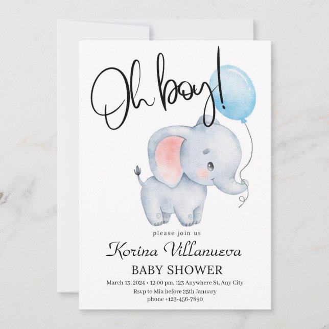 convite de chá de bebê de elefante fofo balão (Frente)
